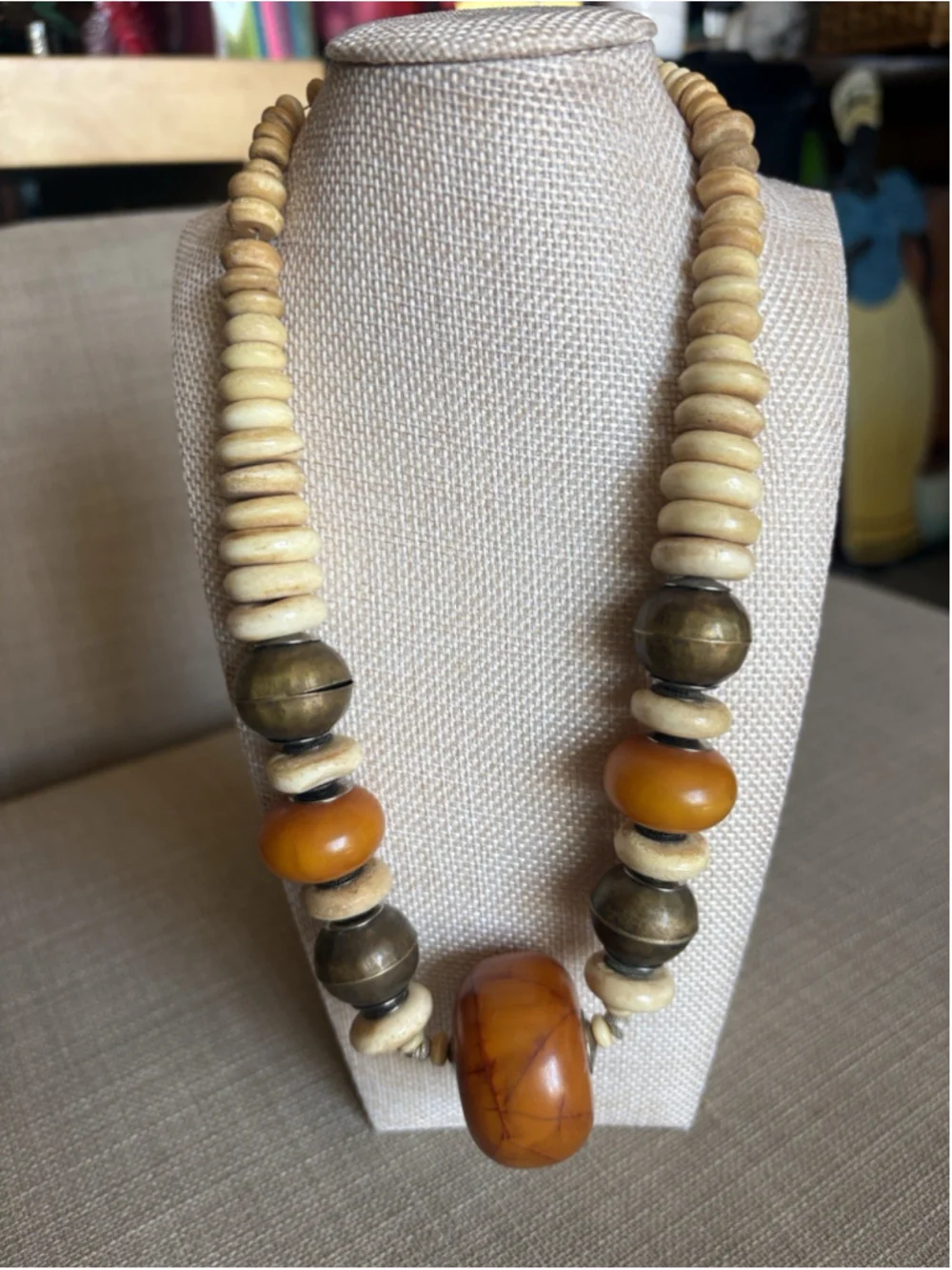 Vtg African Copal Amber Resin Bead Necklace Chunky Tribal Bone Brass Statement